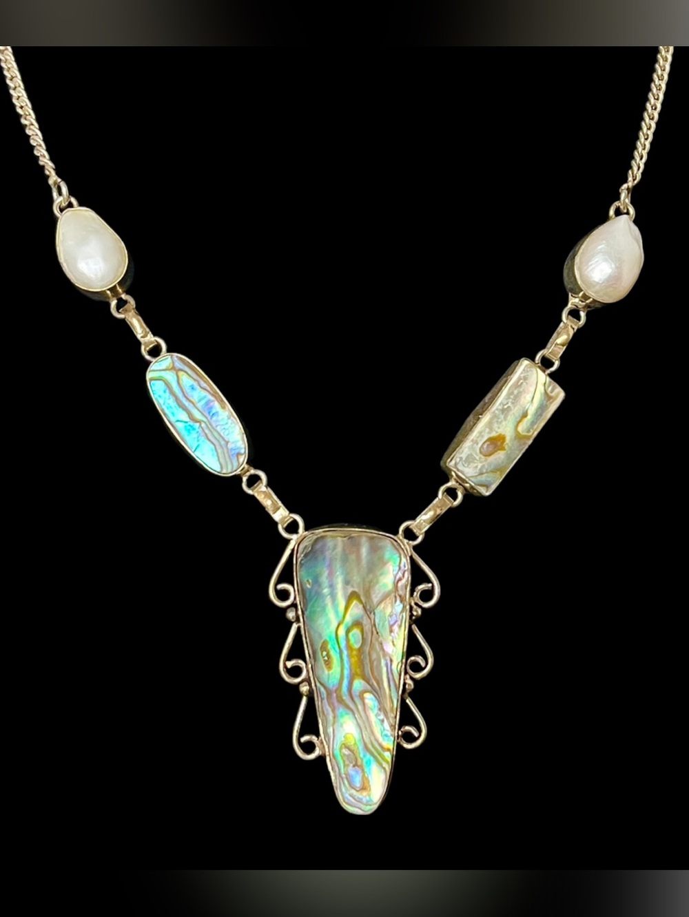 Genuine Abalone and Pearl 925 Sterling Silver Statement Necklace NWT